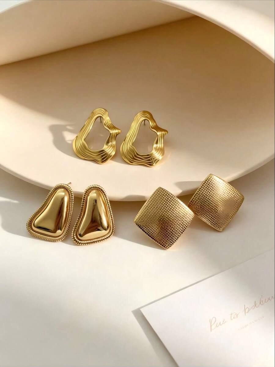 6pcs Large Exaggerated Geometric Gold Plated Stainless Steel Earrings, Hypoallergenic, Women's Fashion Earrings, Suitable For Daily Wear, Valentine's Day Birthday Gift - Gold - View 1