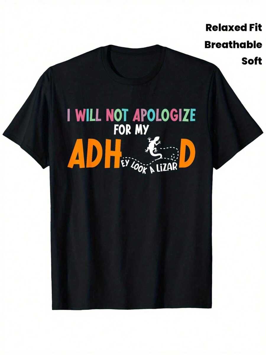 Funny Graphic Tee For ADHD Awareness Month For Women, Featuring The Slogan "I Will Not Apologize For My ADHD" And Autistic Pride. - 黑色 - 查看 1
