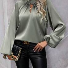 Clasi Camisa casual sólida de manga larga y sencilla con diseño hueco para mujer - Verde militar - Ver 4