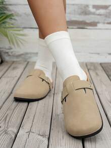Sandal Wanita Datar Hitam yang Modis & Nyaman, Gesper yang Dapat Diatur, Desain Slip-On, Cocok untuk Pakaian Kasual Sepanjang Musim di Dalam & Luar Ruangan - Aprikot - View 3