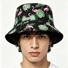 1pc Spring/Summer Bucket Hat, Multi-Functional Cone Tree & Flamingo Print Bucket Hat, Outdoor Bucket Hat, Personalized Graffiti Unisex Bucket Hat - Flamingo - View 5