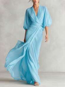 Long Dress With Deep V-Neck, Lantern Sleeves, Fitted, Ladylike Style, Autumn Party - 藍色 - 查看 1