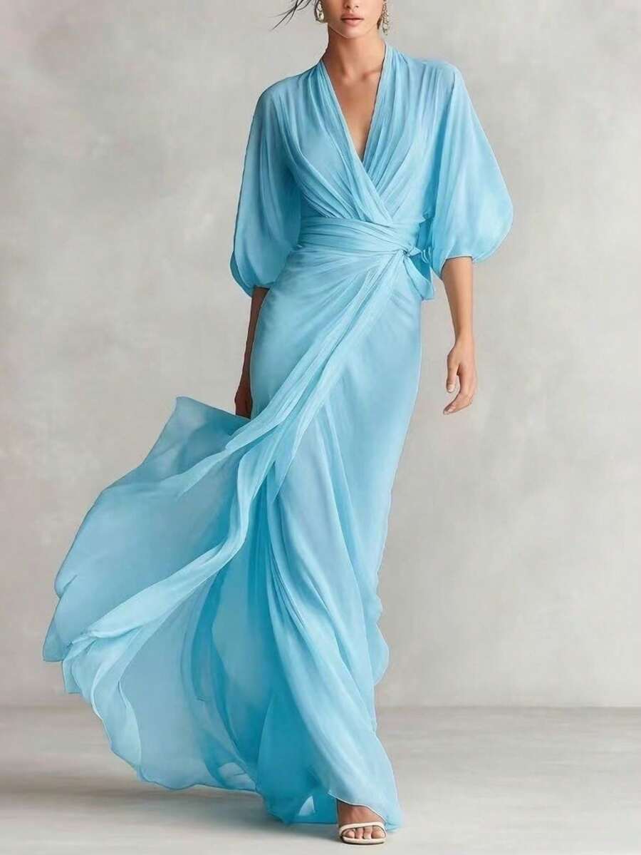 Long Dress With Deep V-Neck, Lantern Sleeves, Fitted, Ladylike Style, Autumn Party - 藍色 - 查看 1