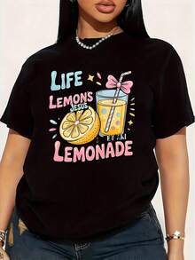 Life Gave Me Lemons, But He's Making Lemonade. Plus Size Women's T-Shirt, 1 Piece, Funny, Graphic Print, Short Sleeve, Novelty, 100% Cotton, Casual, Crew Neck - 黑色 - 查看 1