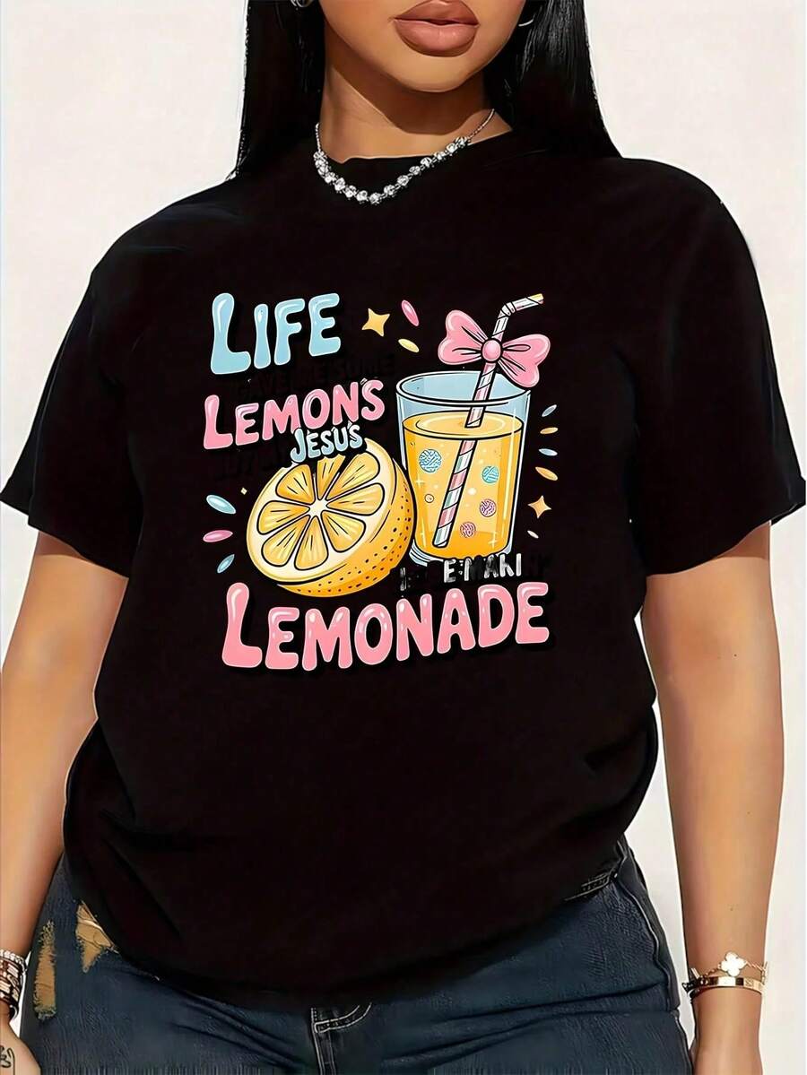 Life Gave Me Lemons, But He's Making Lemonade. Plus Size Women's T-Shirt, 1 Piece, Funny, Graphic Print, Short Sleeve, Novelty, 100% Cotton, Casual, Crew Neck - 黑色 - 查看 1