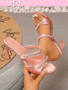 Teen Diamond Studded Double Strap High-Heeled Sandals With Exposed Toes For Breathability, Suitable For Wearing In Party/Daily Street Scenes. - Pink - View 1