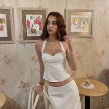 VIBEWAVE Summer French Polka Dot Print Camisole Loose Top A-Line Skirt Charming Romantic Fashion Set - White - View 3