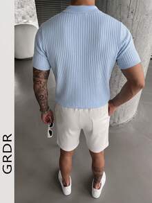 Suéter de punto de manga corta de unicolor para hombres GRDR, de moda para el verano - Celeste - Ver 8