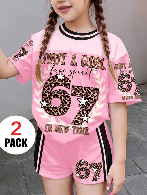 2pcs/Set Girls Big Tween Girl American Letter & Leopard Print Loose Sporty Casual Summer Outfit