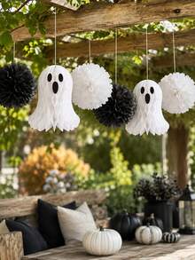 12/10/5pcs Ghost Honeycomb Paper Ball + Paper Flower Ball Combination Set, Cute White Decoration, Suitable For Birthday Party And Theme Party, Halloween Party Decoration, Black And White Tone Decorative Hanging, Living Room Staircase Entrance Decoration, Outdoor Garden Hanging Decoration, Yard Arrangement Birthday, Halloween Gothic Style - Decorative Pendant - View 8