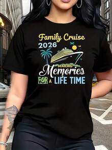 Women's Plus Size T-Shirt With 'Family Cruise 2026' Graphic Print, Fun, Short Sleeve, Novelty, 100% Cotton, Casual Crew Neck, 220g - 黑色 - 查看 1