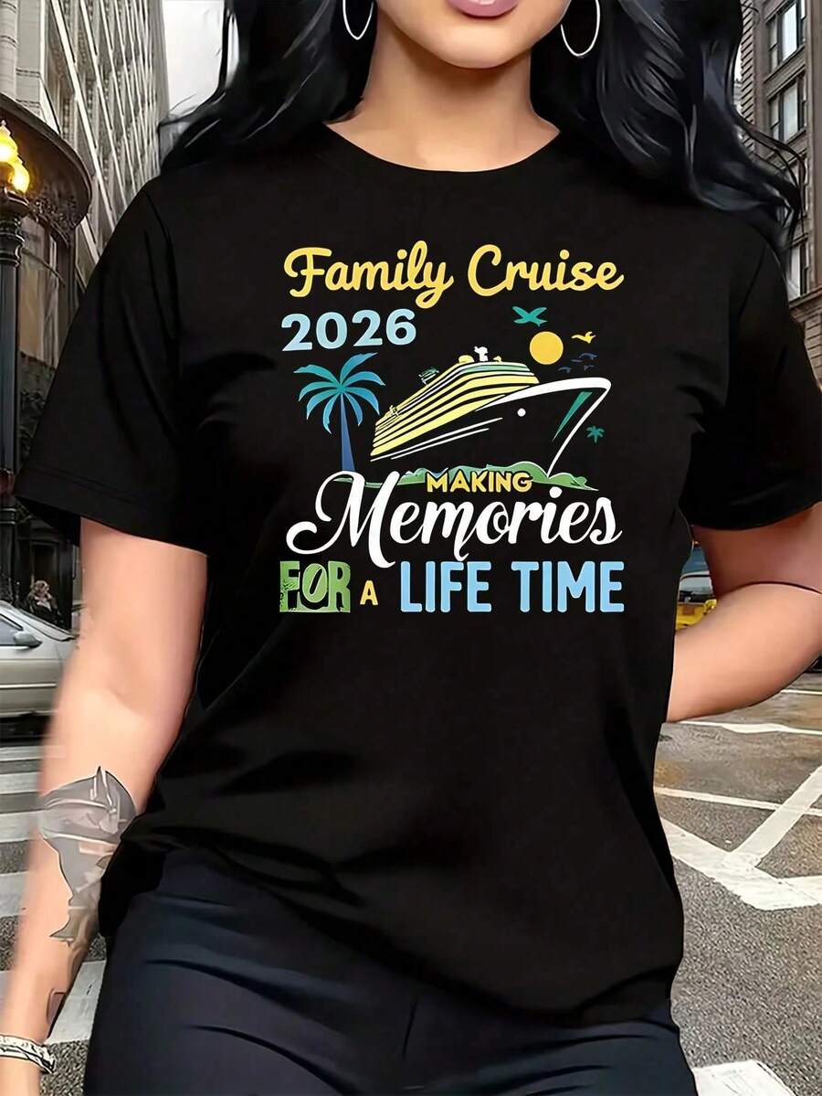 Women's Plus Size T-Shirt With 'Family Cruise 2026' Graphic Print, Fun, Short Sleeve, Novelty, 100% Cotton, Casual Crew Neck, 220g - 黑色 - 查看 1