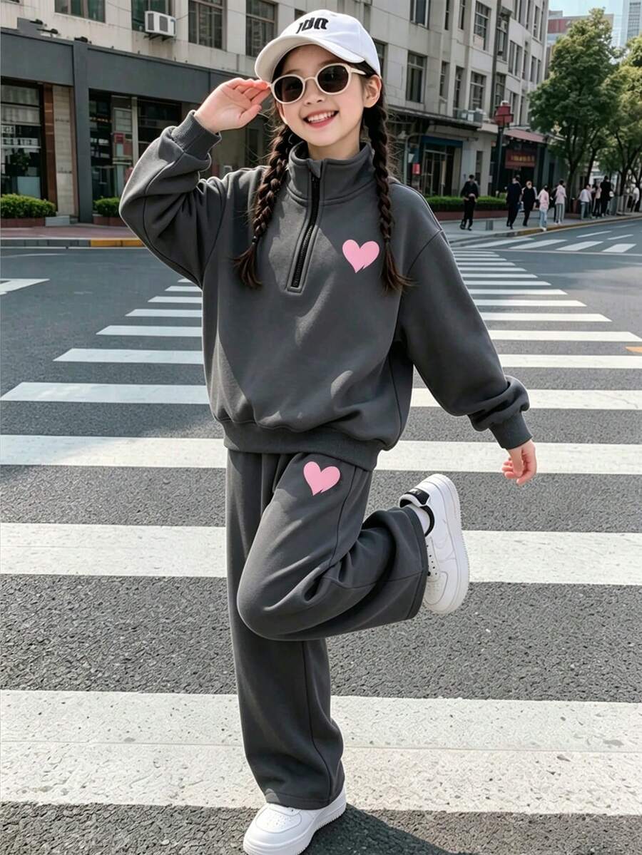 两件套少女卡通印花纯色卫衣裤套装,简约设计,适合春、秋、冬季穿着。 - 深灰色 - 查看 1