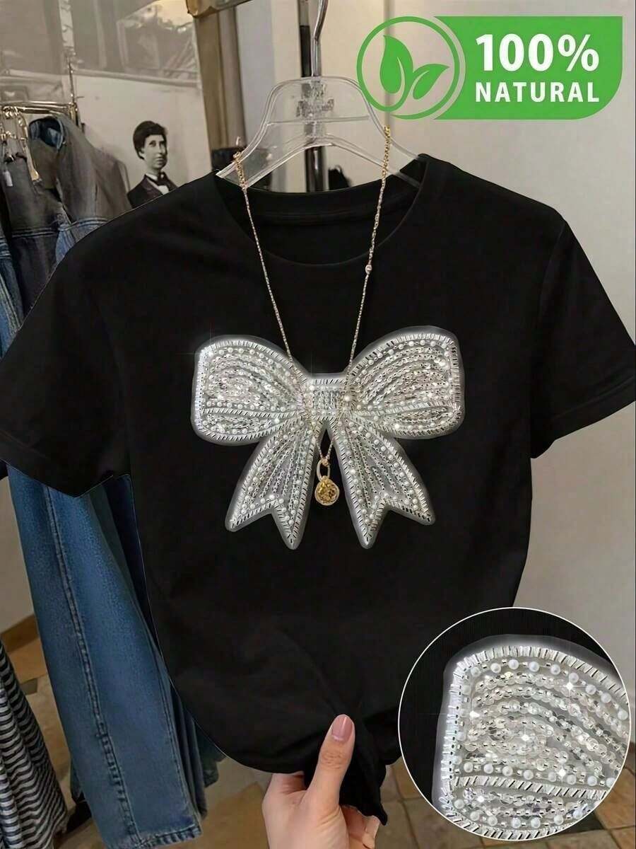 100% cotton Camiseta Negra para Mujer con Diseño de Moño Brillante de Cristal Ideal para Fiesta y Moda Urbana Elegante Prenda Casual y Fashion para el Día a Día Estilo Juvenil y Chic Textura - Negro - Ver 1