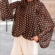DZD Nueva camisa elegante y de moda para mujer con estampado de lunares, camisa casual/de vacaciones con estampado de bloques de color en todo el Body, camisa de manga larga con estampado - Verde Oliva - Ver 5