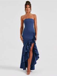 Women's Strapless Summer Dress With Open Back, Fitted Hip Cut, Elegant European Style, Ideal For Parties And Casual Wear, New Feminine Fashion - 藍色 - 查看 2