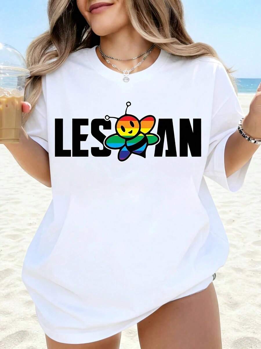 Camiseta de abeja arcoíris del Orgullo Lésbico para mujer, ropa casual de verano para playa, camiseta blanca de talla grande para celebración del festival del Orgullo LGBTQ. - Blanco - Ver 1