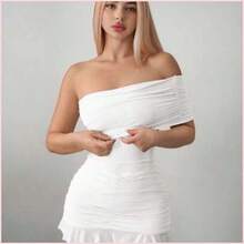 Vestido mini asimétrico de malla con hombros descubiertos y silueta ajustada - Blanco - Ver 1