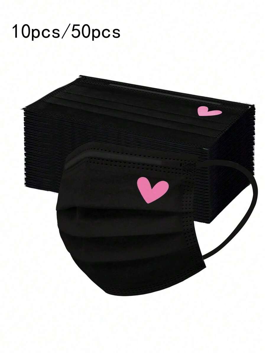 10/50pcs Cute Pink Heart Print Face Masks - Elastic Breathable Masks, Suitable For Women And Teenagers, Washable, Fashionable Daily Accessory, Fun Design, Comfortable To Wear, Valentine's Day Outfit - A - View 1
