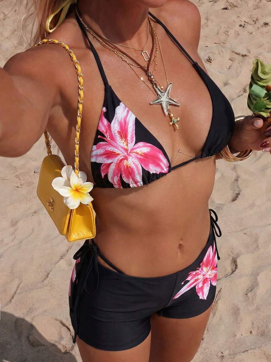三件套女士性感印花挂脖比基尼套装，含泳裤，高弹面料沙滩比基尼套装，时尚舒适泳装套装，适合夏季度假、海滩休闲和假日穿着。 - 彩色 - 查看 1