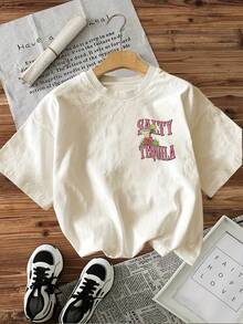 Women's Round Neck Short Sleeve T-Shirt, Salty Tequila Roostertail Print, Pink Lettering, Hibiscus Pattern, Relaxed Fit, Fun Top For Spring And Summer. - White - View 2