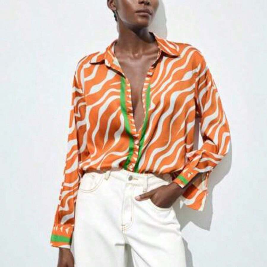 Maija Blusa abotonada de mujer con estampado de cebra multicolor naranja, versátil para todas las estaciones, ligera camisa de manga larga con estampado de bloques de color, - Multicolor - Ver 1