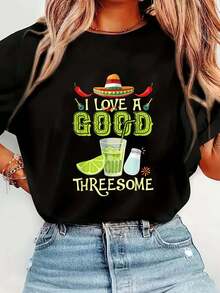 100% Cotton Funny Drink I Love A Good Threesome Tequila Barman T-Shirt Women's Men's Streetwear Graphic Tee Black Crew Neck Vacation Tops - 黑色2 - 查看 1