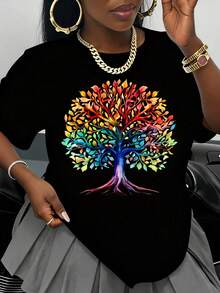 Camiseta Blanca con Diseño Colorido del Árbol de la Vida para Mujer, Ropa Casual de Verano, Camiseta con Gráficos Artísticos y Vibrante Patrón de Arcoíris, Perfecta para Moda Diaria e Ideas - Negro - Ver 1