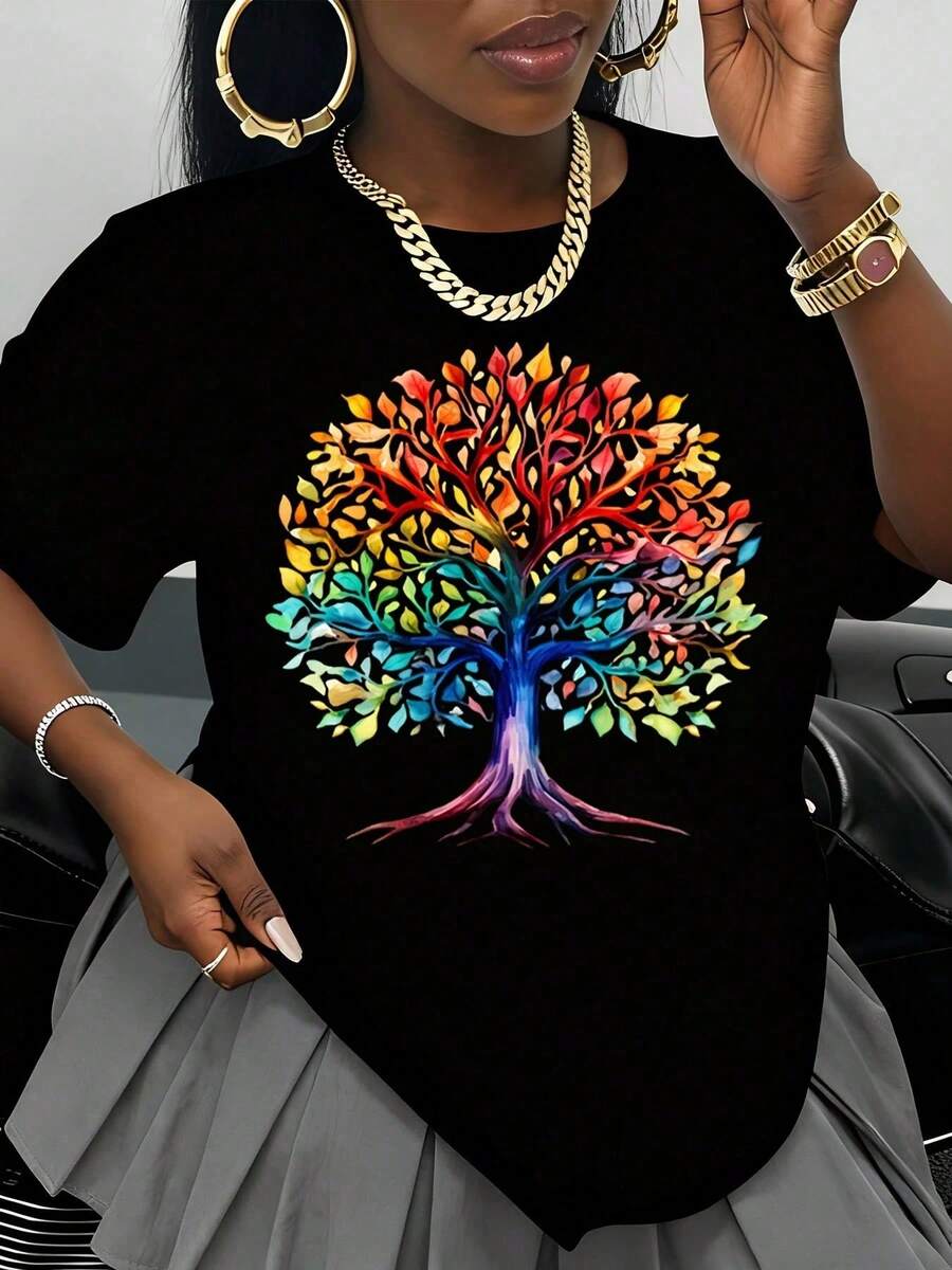 Camiseta Blanca con Diseño Colorido del Árbol de la Vida para Mujer, Ropa Casual de Verano, Camiseta con Gráficos Artísticos y Vibrante Patrón de Arcoíris, Perfecta para Moda Diaria e Ideas - Negro - Ver 1