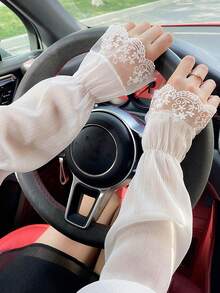 1 Pair Ladies' Flower Embroidery Velvet Arm Sleeves With Lace Cuffs For Sun Protection, Fashionable Accessory For Everyday Wear Valentine's Day Valentines - White - View 3