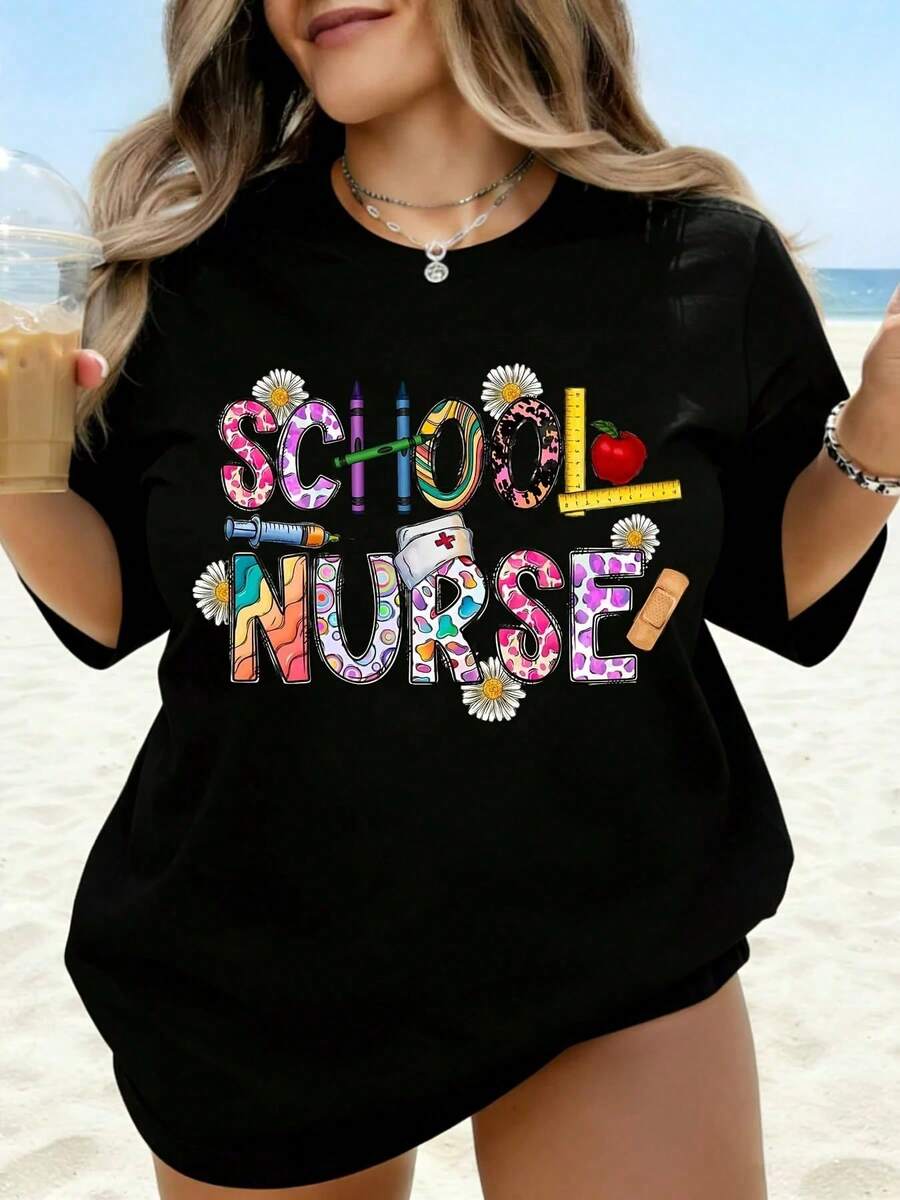 Camiseta Divertida con Gráficos de Enfermera Escolar para Mujer, Diseño Colorido y Atractivo con Elementos Médicos y Escolares, Perfecta para Enfermeras, Maestras y Trabajadores de la Salud, - Negro - Ver 1