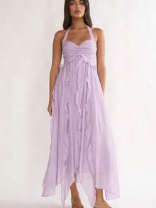 Vestido midi asimétrico nuevo primavera‑verano 2026 europeo‑americano, combinado, volantes, cuello V halter, estilo vacacional - Morado - Ver 1