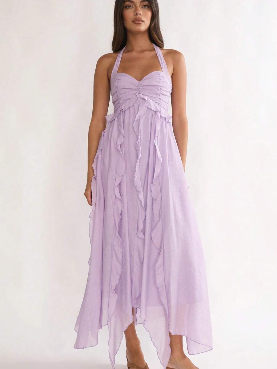 Vestido midi asimétrico nuevo primavera‑verano 2026 europeo‑americano, combinado, volantes, cuello V halter, estilo vacacional - Morado - Ver 1