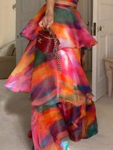 Vestido tipo tarta sin mangas estampado, cuello redondo, cintura ajustada y falda voluminosa, nueva colección verano europeo‑americana 2026 para mujer - Multicolor - Ver 3