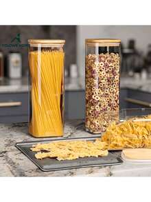 8 Pack Square Airtight Glass Jars With Bamboo Lids, Stackable Kitchen Storage Canisters, Multi-Size Glass Food Containers, Perfect For Coffee Beans, Spices, Sweets, Cookies, Pasta, Home Kitchen Counter Decor, Great For Holiday & Wedding Gifts Tuppers - Clear - View 1
