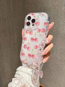 Cherry Transparent Painted Phone Case With Chain, Creamy Wavy Edge, Minimalist Anti-Drop Thickened Protective Cover, Printed Design, Compatible With IP 16, IP 11, IP 16 Pro Max, IP 13, IP 11, IP 12, IP 13, IP 16, IP 15, IP 16 Plus, IP 16 Pro Max - Multicolor - View 4