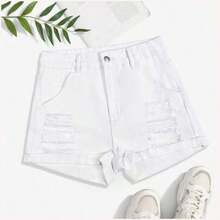 Pantalones cortos de mezclilla casuales y versátiles con bolsillos y efecto desgastado de unicolor - Blanco - Ver 1