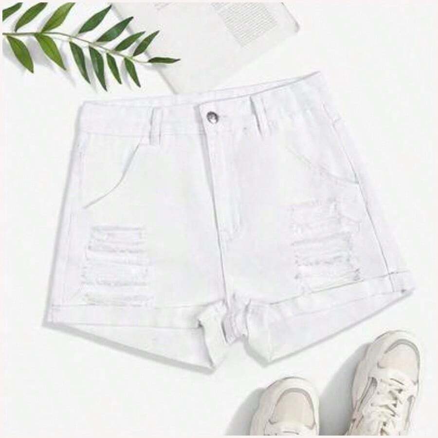 Pantalones cortos de mezclilla casuales y versátiles con bolsillos y efecto desgastado de unicolor - Blanco - Ver 1