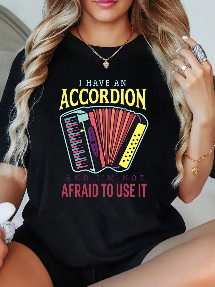 1 Pieza Camiseta Divertida con Diseño de Acordeón para Mujer, Talla Grande, Camiseta Gráfica de Manga Corta de 220g, Novedosa, 100% Poliéster, Camiseta Casual de Cuello Redondo - Negro - Ver 1