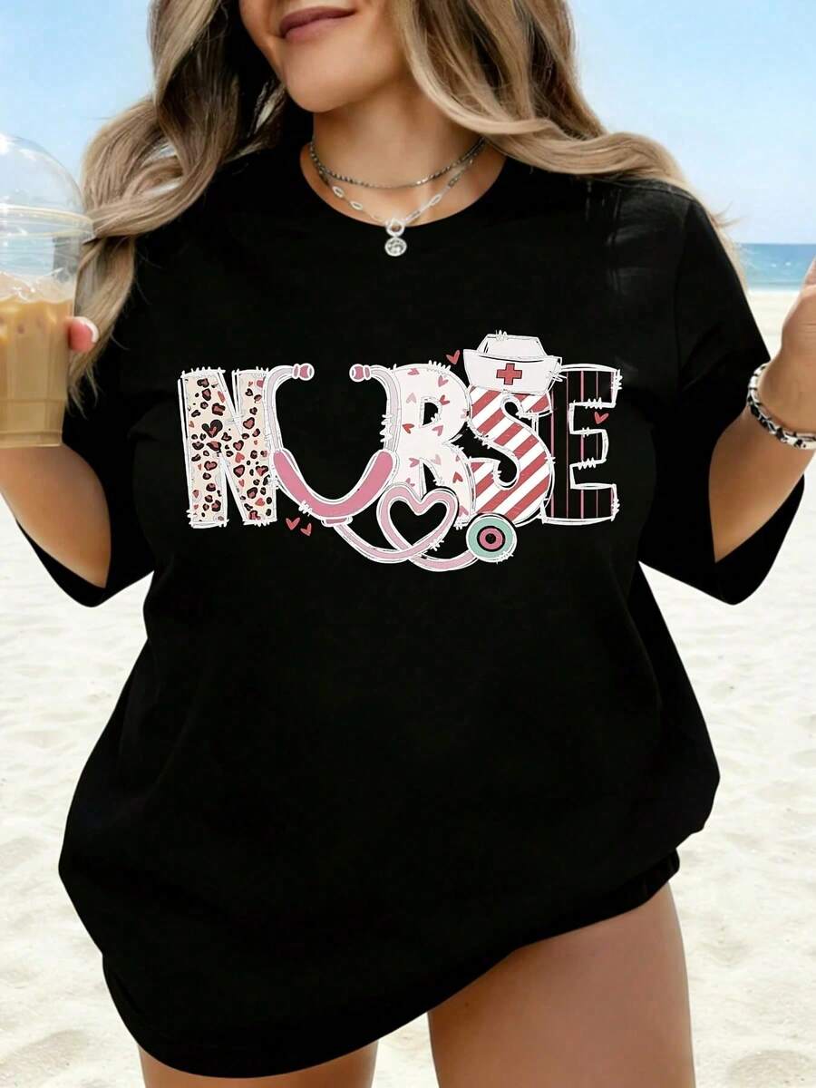 Camiseta de Enfermera con Diseño de Estetoscopio y Gorro de Enfermera, Camiseta Blanca de Talla Grande para Mujer, Regalo para Vacaciones en la Playa para Enfermeras y Trabajadores de la Sal - Negro - Ver 1