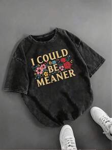 Camiseta de manga corta con cuello redondo y estampado gráfico "I Could Be Meaner", estilo retro casual, ideal para el día a día y con un aspecto lavado - Negro - Ver 2