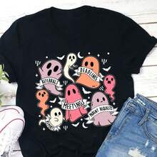 School Psychologist, Ghost Print Crew Neck Tops, 4th Of July Outfit, Women's Clothing, Vacation Wear, Women's Summer Clothes, Plus Size Women's Clothing - 黑色 - 查看 1