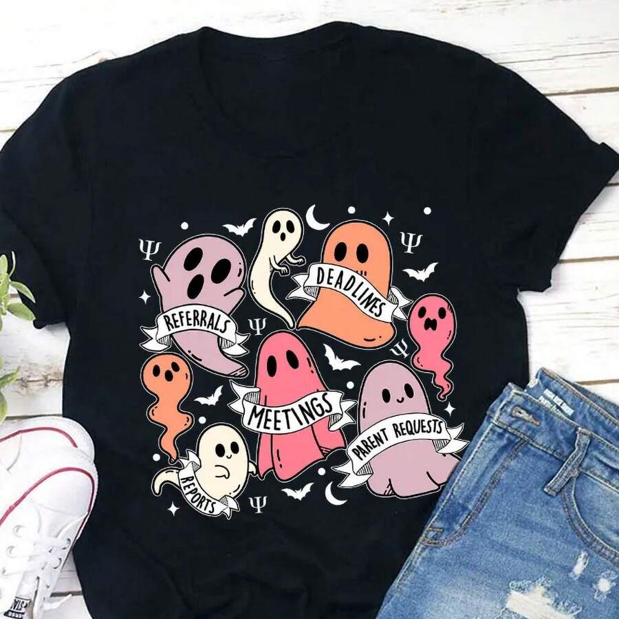 School Psychologist, Ghost Print Crew Neck Tops, 4th Of July Outfit, Women's Clothing, Vacation Wear, Women's Summer Clothes, Plus Size Women's Clothing - 黑色 - 查看 1