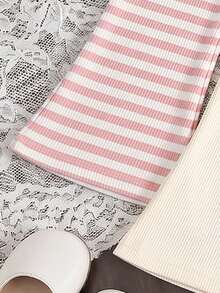 3pcs/Set Baby Girl Simple Ribbed Fabric Solid Pink & Apricot Colorblock Striped Versatile Flare Leggings Long Pants Fashionable Spring/Autumn Outdoor Casual Vacation Wear - Multicolor - View 5