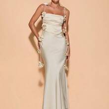 Vestido de fiesta con tirantes finos, cuello drapeado y espalda descubierta con estampado floral para mujer, ideal para bodas y vacaciones - Champán - Ver 4