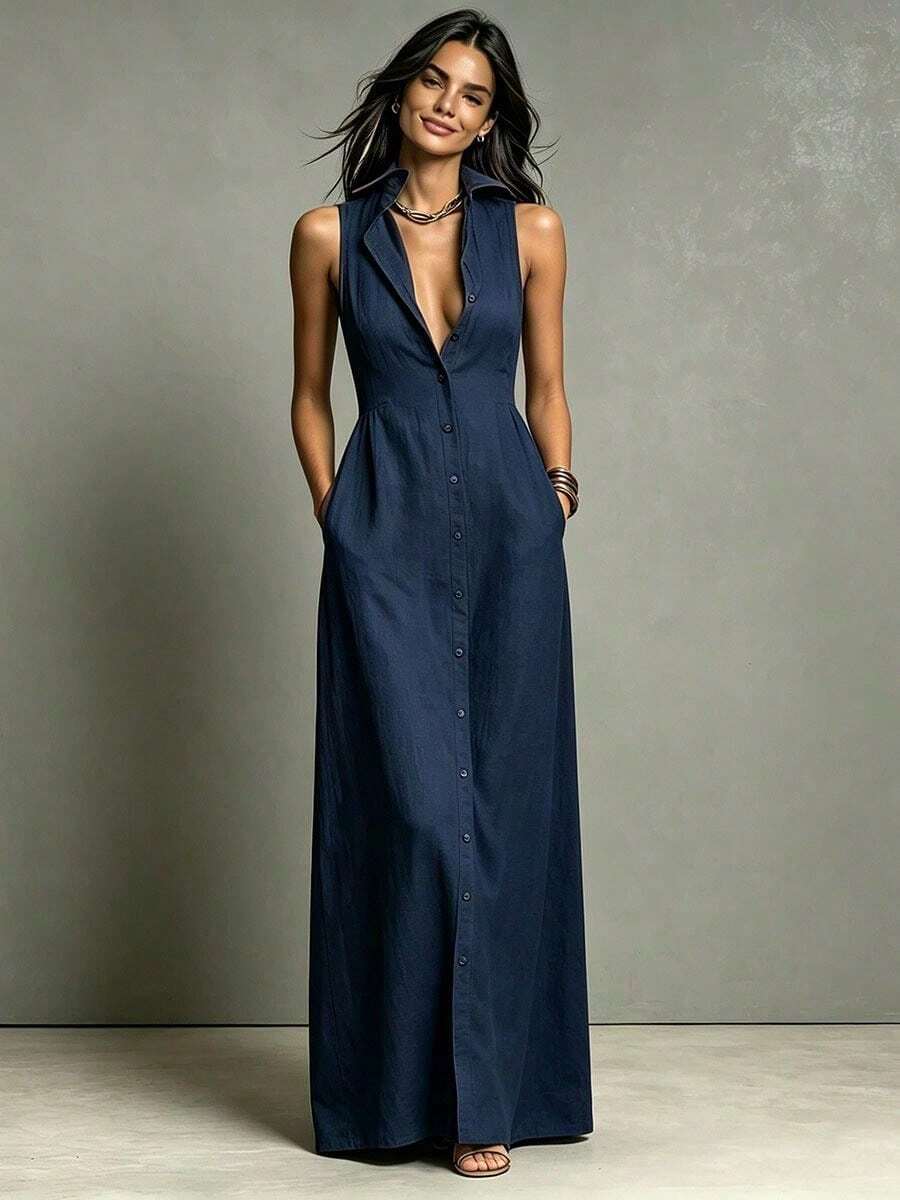 Women Summer Casual Dress New Arrival Solid Color Lapel Collar Button Front Sleeveless Loose Dress With Side Pockets - Màu xanh hải quân - Xem 1