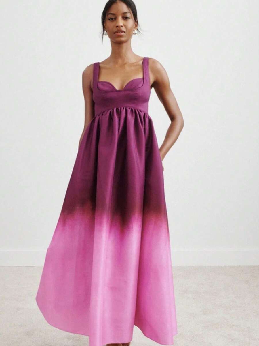 Women's Dress With Gradient Print, Deep V-Neck, Open Back, And Fitted Waist - Hot Pink - View 1