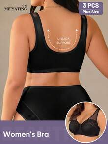 MEIYATING 3pcs Women's Plus Size Mesh Patchwork Lightweight Floral Lace Push-Up Support U-Shaped Back Bow Tank Style Bra Black - Black - View 2