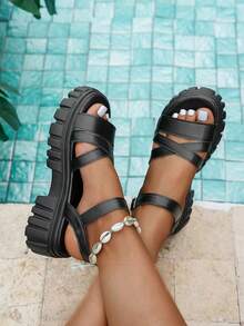 Women's Minimalist Fashion Roman Sandals, Vacation Use, Black And White Color Block Wedge Platform Sandals, Suitable For Outdoor Walking And Beach, Plus Size - Black - View 3