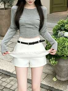2pcs/Set High Waisted A-Line Shorts & Skirt, 2 In 1, Anti-Flashing Design, Suitable For Petite Figure, Summer White - White - View 3